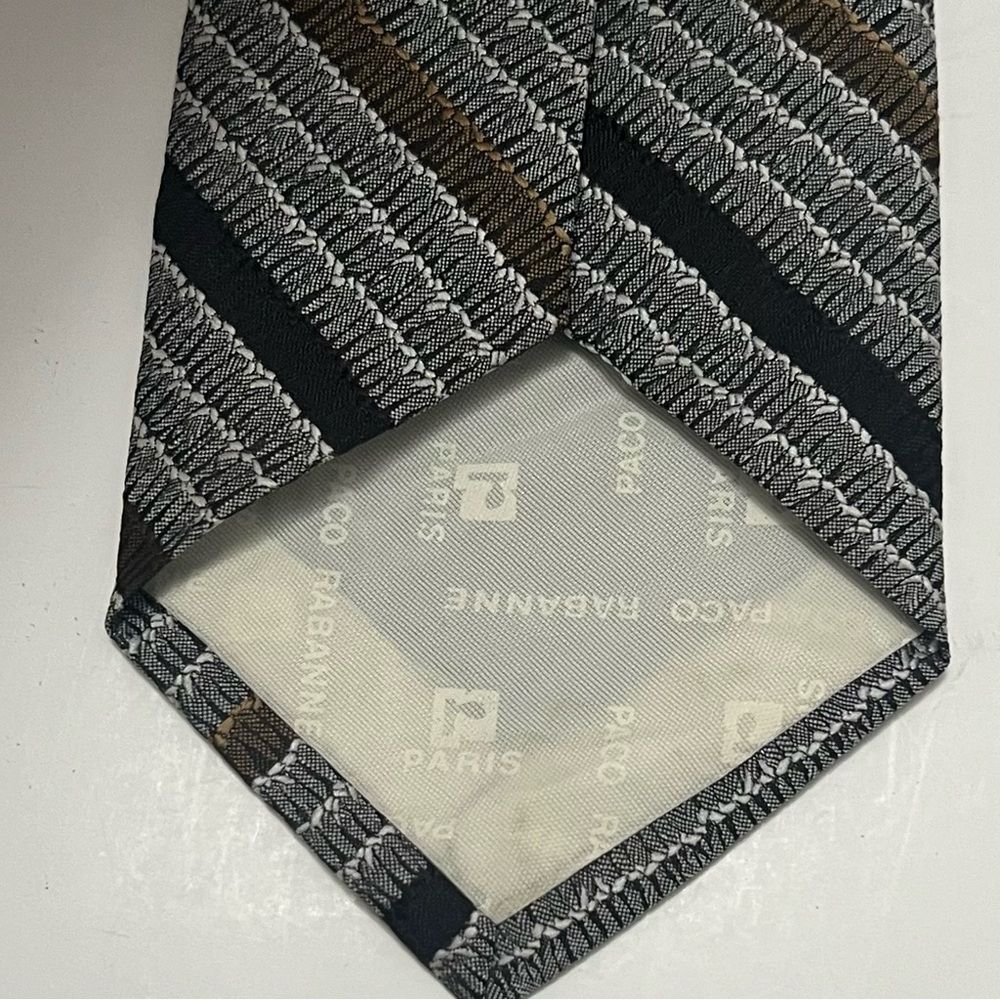Paco Rabanne Paris Men’s Designer Tie Gray Black Striped Vintage Retro‎ Necktie - Picture 5 of 5